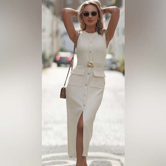 Zara Dresses & Skirts - Zara NWT Elegant Cream Sleeveless Belted Midi Dress with Gold Details (Medium)
